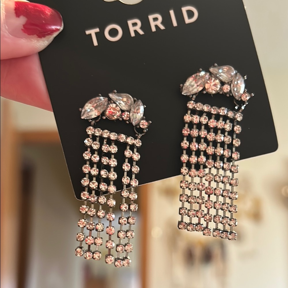 Torrid Rhinestone Fringe Dangle Pierced Earrings with Stone Cluster - Picture 1 of 11